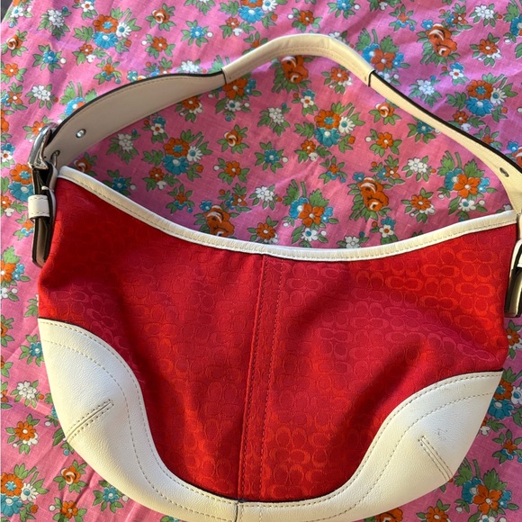 Authentic Coach Y2K Red Signature Jacquard Mini Shoulder Bag White Leather Trim - Picture 6 of 9